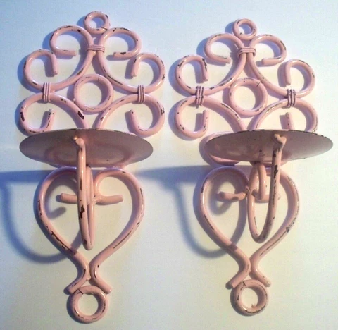VINTAGE PAIR PINK METAL WALL SCOUNCES SCOUNCE Cover