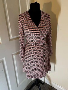 F&F Women's Retro Geometric Pattern Wrap Style Long Sleeve Button Dress Size 10 - Picture 1 of 10