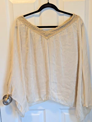 Top boho Tempo Paris beige seda viscosa ganchillo fluido forrado de gran tamaño grande Foto 1 de 4