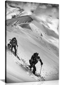 Black & White Skiers trekking Framed Canvas Print Wall Art Home Decor - Picture 1 of 6