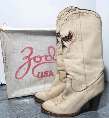 Zodiac Western VTG 80's Womens 10 M Cream Nubuck Leather Eagles Boot 3" Heels  - Image 1 of 4