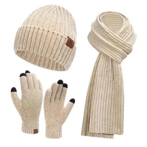 Womens Winter Knit Warm Hat Beanie Long Scarf Touch Screen One Size Beige - Picture 1 of 7