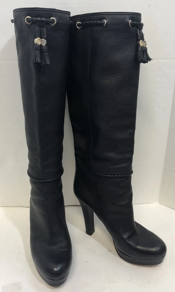 GUCCI Botas de Tacón Alto de Cuero Negro, Cuerda y Borlas 'G' Doradas, Talla 39 1/2/US 9 1/2 Foto 1 de 4