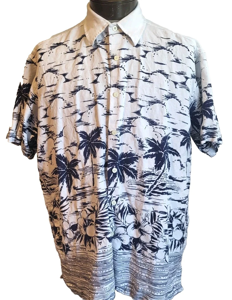 Nautica Hawaiian Shirt Mens Large L White, Blue Short Sleeve Camp Linen Blend - Image 1 of 4