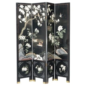 Ebonized Chinoiserie Decorated Four Panel Landscape Screen with Garden, 20th C - Picture 1 of 12