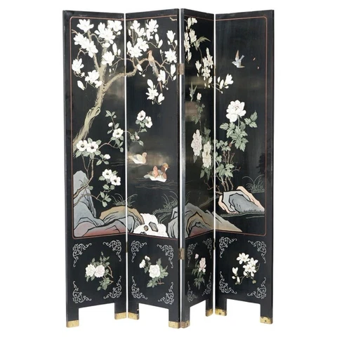 Ebonized Chinoiserie Decorated Four Panel Landscape Screen with Garden, 20th C Cover