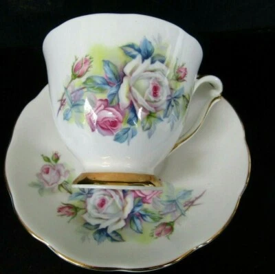 Queen Anne Cabbage Roses Teacup and Saucer Set Vintage Rare Tea Cup Gold Rim - image 1 of 4