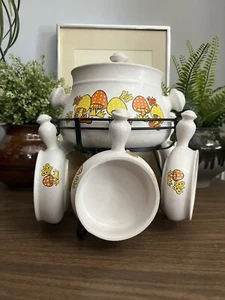 Vintage Royal Sealy Merry Mushroom Retro 8 Piece Ovenproof Stoneware Fondue Set - Picture 1 of 18