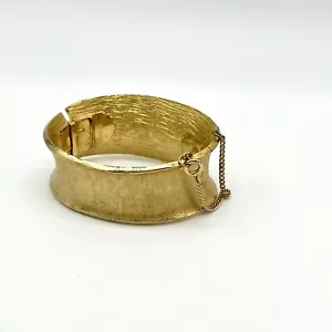 Gold Cuff Bracelet Vintage Wide Hinged Bangle Textured Statement Jewelry - Picture 1 of 7