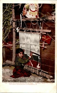 1900s NM Postcard Fred Harvey Navajo Weaver 6 Year Old Indian Bldg Native Amer - Picture 1 of 2