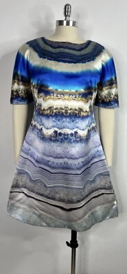 Vtg Alexander McQueen Resort 2010 Blue Sediment Print Silk Dress 44 L - Image 1 of 4