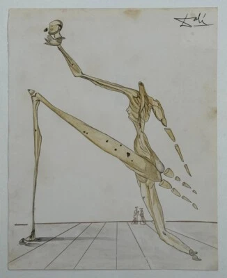 Salvador Dalí (Handmade) Drawing On Old Paper Signed & Stamped, vtg art - Image 1 of 4