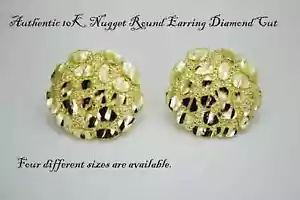 10K Soild Yellow Gold Nugget Round Diamond Cut Stud Earrings for Men Wome - Picture 1 of 11
