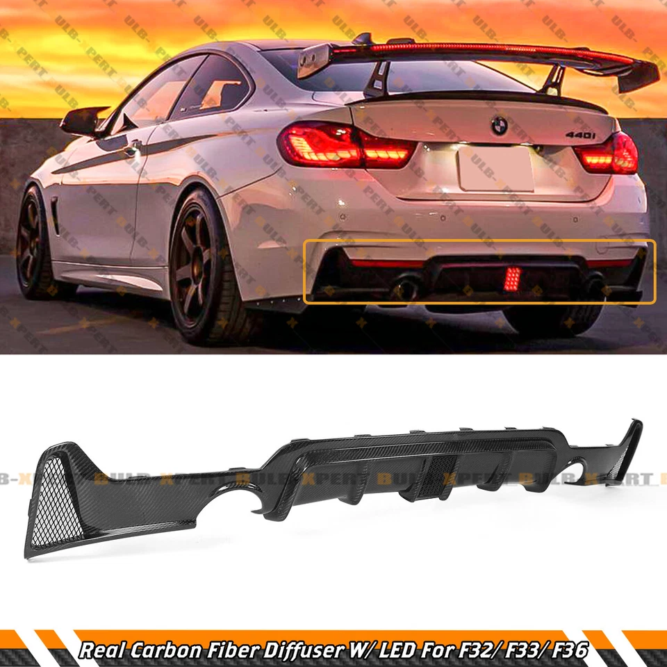 For 2014-2019 BMW F32 F36 M Sport Real Carbon Fiber LED Rear Bumper Diffuser - Image 1 of 4