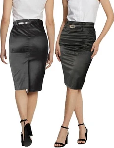 LADIES WOMEN BLACK SATIN SKIRT STRETCH MIDI PENCIL SKIRTS WORK OFFICE SIZES 8-18 - Picture 1 of 5