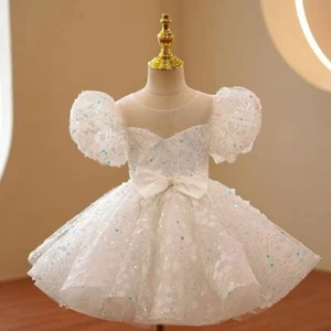 White Sequin Puffy Dress Toddler Girls Kids Korean Ball Gown  Evening Dresses - Picture 1 of 22