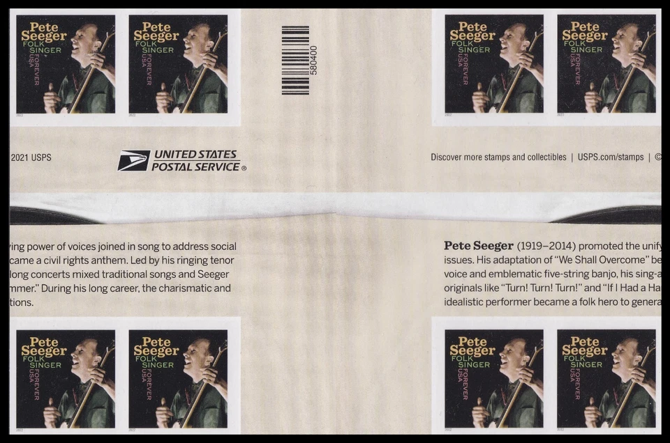 US 5708a Music Icons Pete Seeger imperf NDC cross gutter block 2x4 MNH 2022 - Image 1 of 1