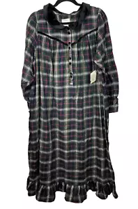 ERIKA TAYLOR INTIMATES Long Flannel Night Gown Large Plaid Velvet Collar New - Picture 1 of 12