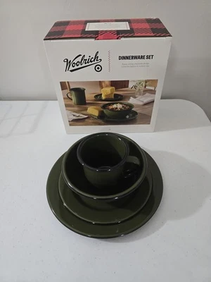 NEW 4pc Enamel Dinnerware Set Dark Green/Black  Woolrich 2 SETS  - Image 1 of 4