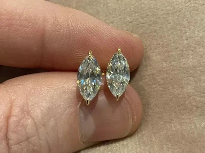 Серьги-гвоздики с одним бриллиантом 2 карата Marquise Lab покрытие желтым золотом 14 карат - Изображение 1 из 4