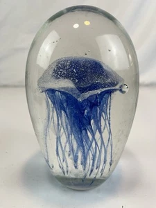 Art Glass Paperweight Jellyfish Blue Purple Trapped Bubbles Heavy Large - Picture 1 of 10