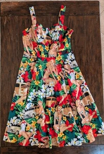 Belle Poque Retro Vtg L Pin Up Dress Hawaiian Floral Unique Car Print Swing Rock - Picture 1 of 12