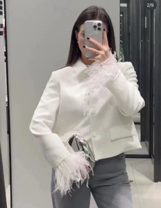ZARA White Short Blazer Jacket with Feathers Size S2853/948 Blogger Fave - Picture 1 of 10