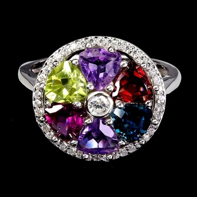 925 Sterling Silver Ring Heart Peridot Amethyst Blue Topaz Gemstone Jewelry 8.5 - Image 1 of 4
