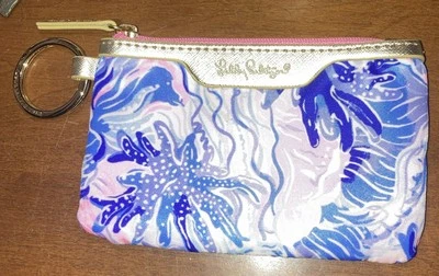 Lilly Pulitzer Cartera Cremallera Identificación Rosa Azul Tono Dorado Llavero Portatarjetas Foto 1 de 2