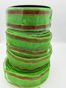 Lot of 4-Poly Mesh-Green with Red and Metallic Emerald Green Stripes 2.5”x25yard - Picture 1 of 9