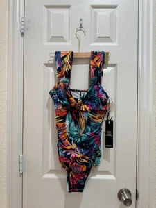 Costume da bagno intero Magicsuit by Miraclesuit 12 nuovo con etichetta blu navy multi tropicale increspato - Foto 1 di 8