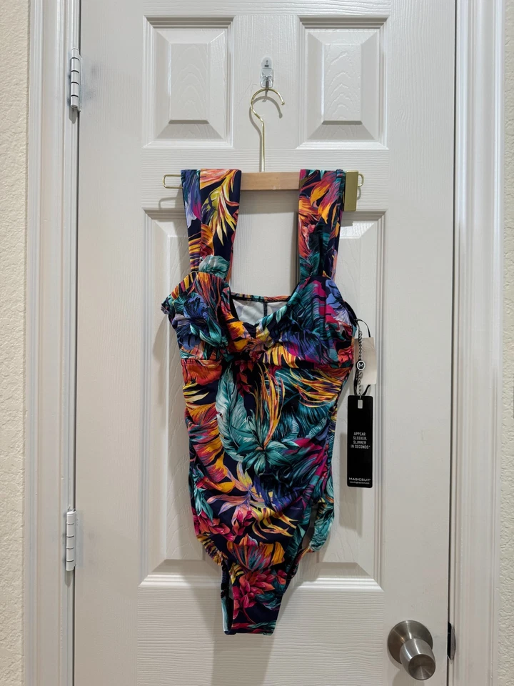 Traje de baño de una pieza Magicsuit by Miraclesuit 12 nuevo con etiquetas azul marino multi tropical acanalado Foto 1 de 4