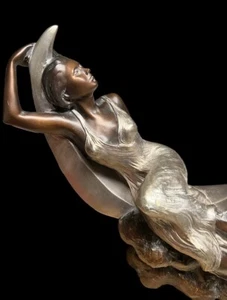 VINTAGE MOON GODDESS BRONZED STATUE SCULPTURE PIC 6 SHOWS SPOT OF PAINT LOSS - Picture 1 of 8