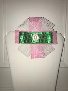 Woman Original Handmade Bow Tie Pin Brooch White Pink Lace Ribbon Sequins - Picture 1 of 3