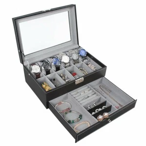 12 Fächer Uhrenbox Display Organizer Glasplatte Schmuck Aufbewahrung Weihnachtsgeschenk Neu - Bild 1 von 6