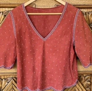 Vintage Beaded Suede Top Short Sleeve 70s 80s Glam Leather Boho Blouse - Picture 1 of 8
