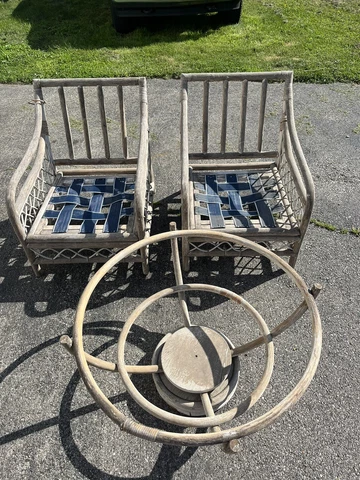 Vintage Set 2 Chairs 1 Table Bamboo Rattan Hollywood Regency MCM Trellis Beach Cover