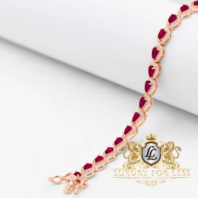 Ruby Red Real Sterling Silver 14K Rose Gold Finish Pear Shape Bracelet 7.5'' - Image 1 of 3
