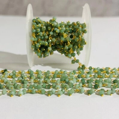 Cadena de cuentas facetadas de jade verde de 3 mm, cadena de racimo pletted de oro Foto 1 de 4