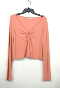Love Fire Womens Coral Pink O Ring Rib Knit Shirt V Neck Long Sleeves Stretch XL - Picture 1 of 10