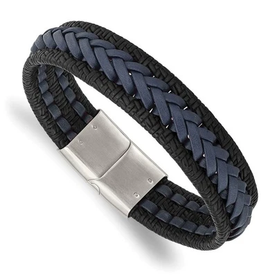 Stainless Steel Polished Black and Blue Braided Leather Bracelet 8.25" for Men's - Image 1 of 4