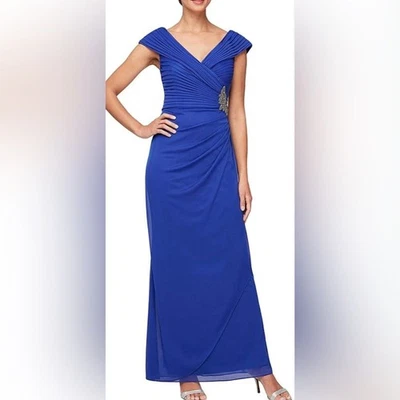 NWT Alex Evenings Long Pleated Bodice V-Neck Flowy Gown in Royal Blue - Size 14 - Image 1 of 4