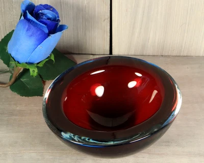 Vide Poche Coupelle en Verre d'Art de Murano Seguso Rouge Bleu Géode - Photo 1/4