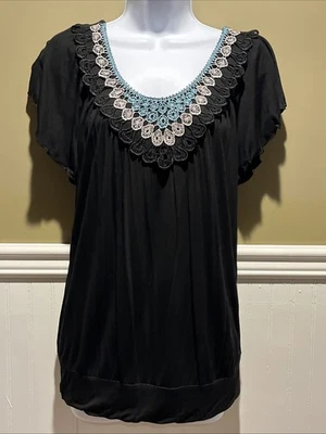 Envoltura Para Mujer Top Negro Mangas Acampanadas Encaje Crochet Contraste NUEVO CON ETIQUETAS S Boho Foto 1 de 4