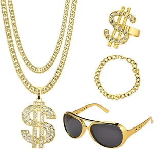 4 Stück Zuhälter Kostüm Goldkette Fasching Kit, Hip Hop Kostüm Gangster Rapper K - Bild 1 von 7