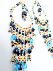 ATEMBERAUBENDE schwarze Onyx türkis blaue Kristalle Golddraht Ohrhänger Kronleuchter Ohrringe - Bild 1 von 12