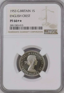 UK - GREAT BRITAIN , 1 SHILLING 1953 ENGLISH CREST ( LG ) NGC PF 66 +* , RARE - Bild 1 von 2