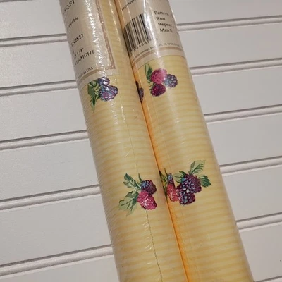 2 Double Rolls Carey Lind Fine Wallpaper Yellow Striped Berries Fruit York NEW - Image 1 of 4