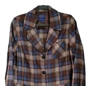 Pendleton Womens Sz L Plaid Wool Jacket Blazer 100% Virgin Wool Brown Blue EUC - Picture 1 of 7