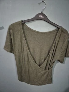 H&M Size XS Extra Small Green Ribbed Wrap Back Jumper Short Sleeve (125/84/v) - Picture 1 of 2